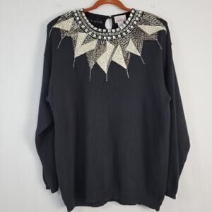 Vintage beaded crew neck sweater women's sz 3X black 80s 90s ramie cotton blend